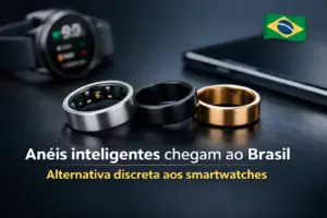 Anéis inteligentes em prata, preto e dourado com smartwatch ao fundo