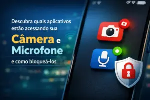 Fundo digital com ícones de câmera, microfone e segurança