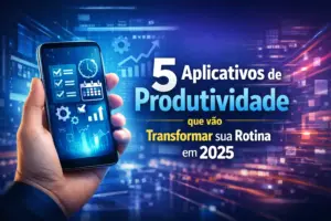 Mão segurando smartphone com interface digital e aplicativos de produtividade