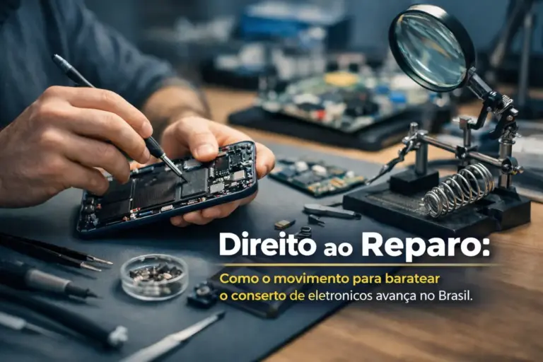 Pessoa reparando smartphone com ferramentas e circuito eletrônico