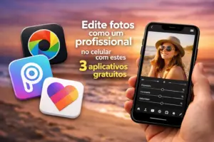 Mão segurando smartphone com aplicativo de edição de fotos em 2026