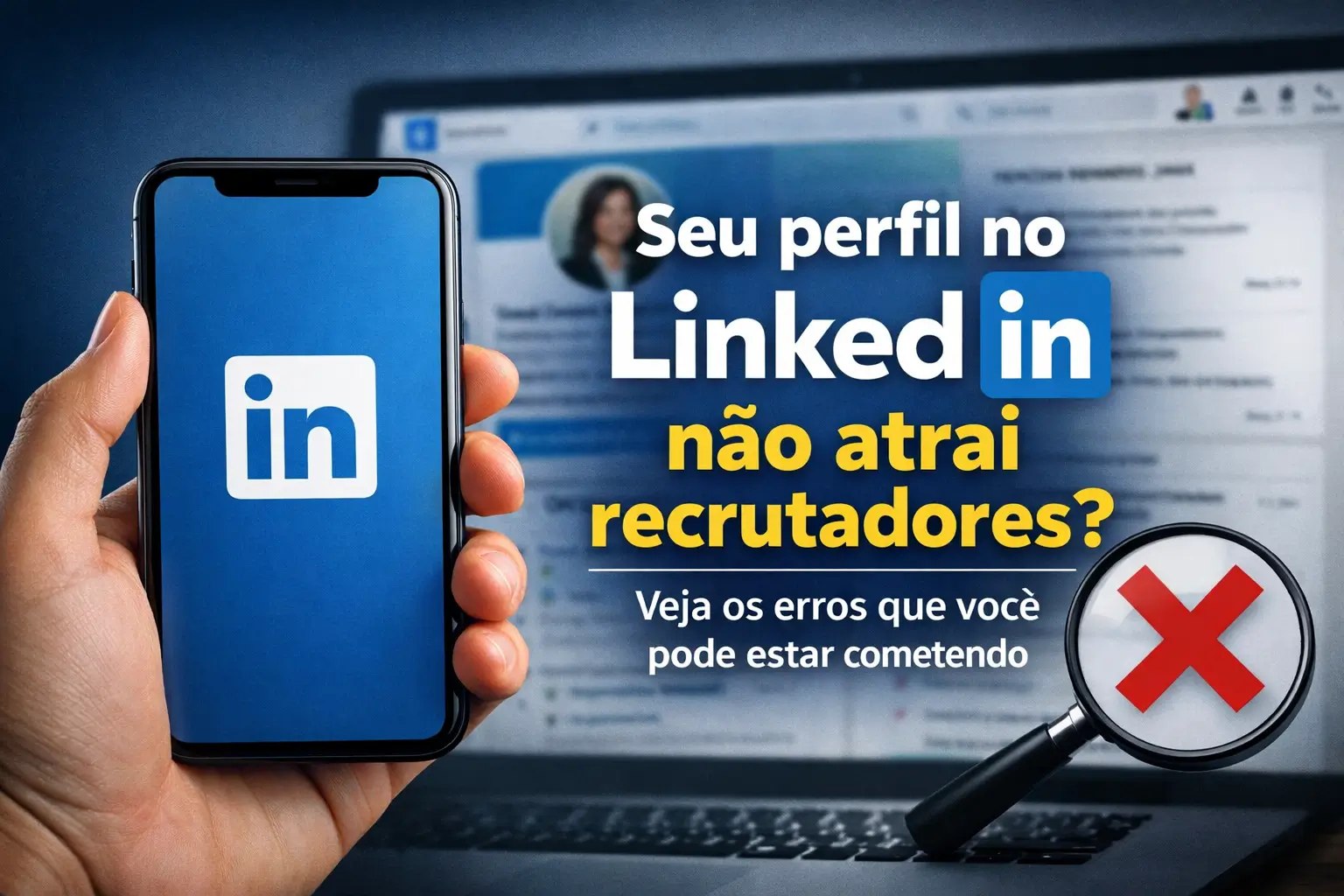 Mão segurando celular com logo do LinkedIn, perfil ao fundo.