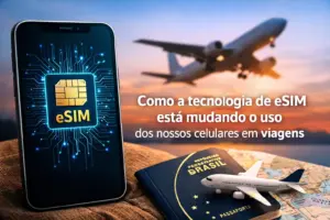 Tecnologia eSIM e passaporte brasileiro com avião e mapa