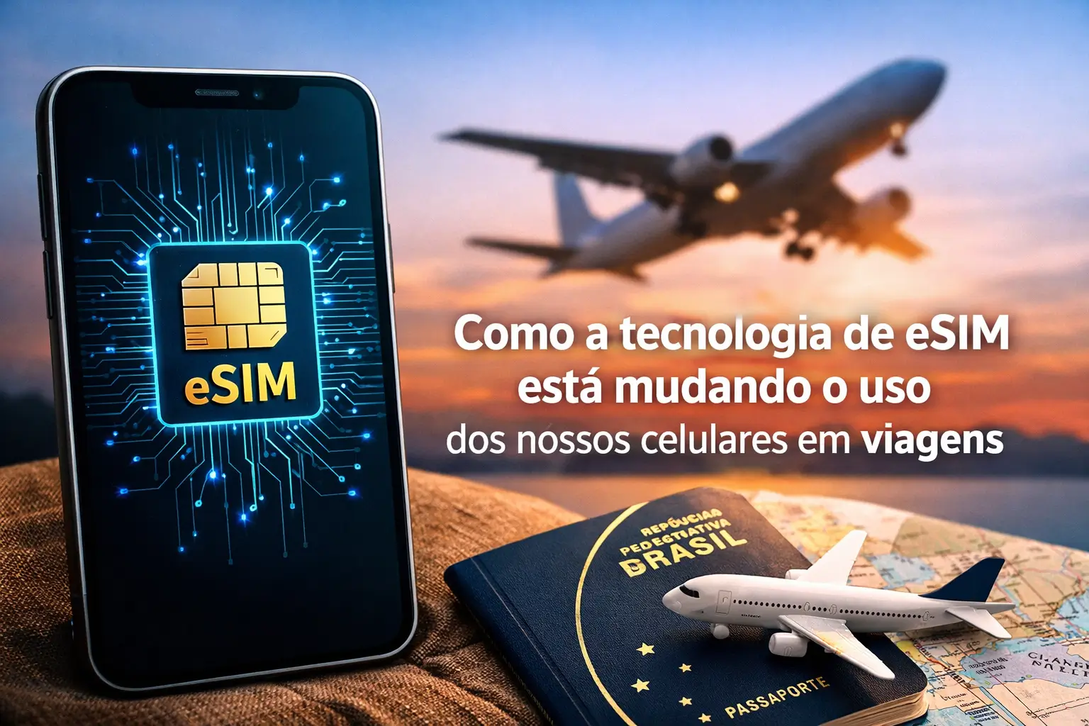 Tecnologia eSIM e passaporte brasileiro com avião e mapa