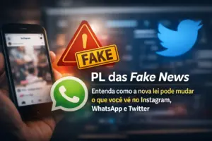 Smartphone com Instagram mostrando alerta de 'FAKE' e logos do WhatsApp e Twitter, 'PL das Fake News'.