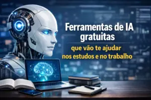 Futuristic robot com laptop e ferramentas de IA 2026