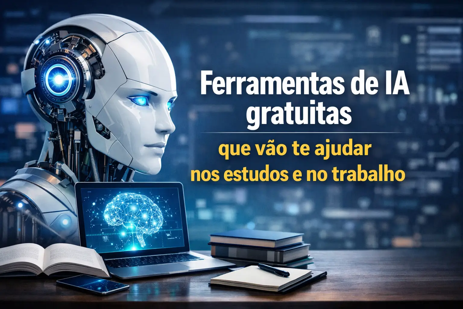 Futuristic robot com laptop e ferramentas de IA 2026