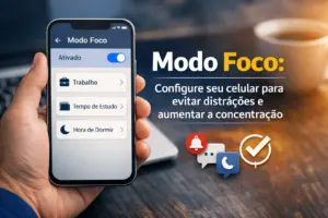 Celular com modo de foco ativado exibindo opções de estudo e trabalho