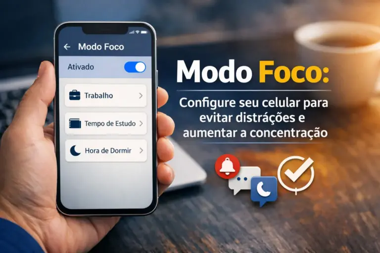 Celular com modo de foco ativado exibindo opções de estudo e trabalho