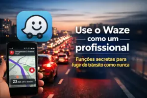 Smartphone com Waze exibindo alerta de trânsito em cidade movimentada