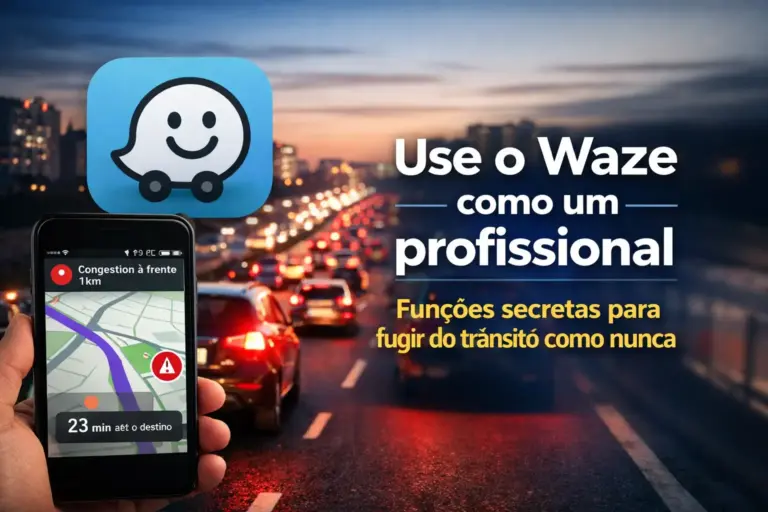 Smartphone com Waze exibindo alerta de trânsito em cidade movimentada