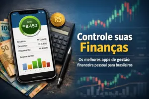 Smartphone com app financeiro e notas brasileiras em 2026