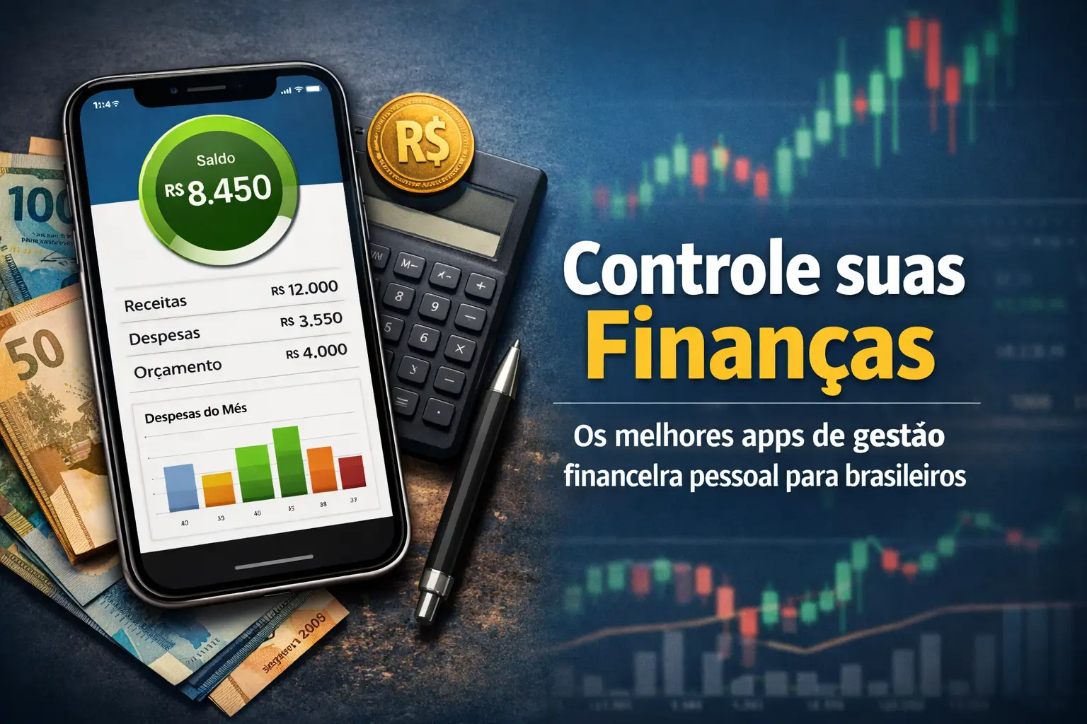 Smartphone com app financeiro e notas brasileiras em 2026