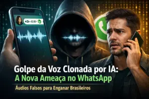 Ameaça de clonagem de voz no WhatsApp com código binário ao fundo