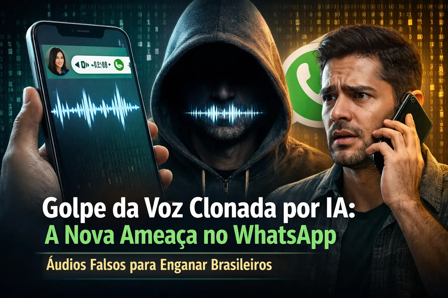 Ameaça de clonagem de voz no WhatsApp com código binário ao fundo