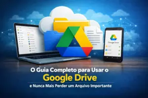 Guia Google Drive 2026: laptop e smartphone com logo