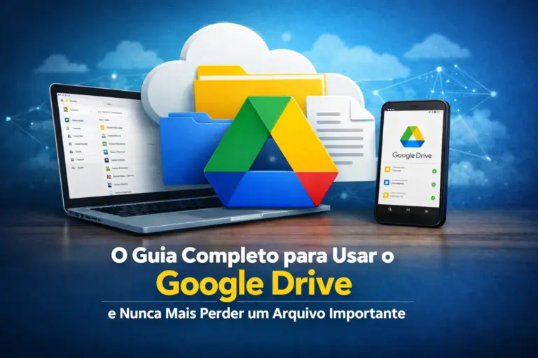 Guia Google Drive 2026: laptop e smartphone com logo