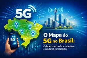 Mapa do 5G no Brasil com smartphone e icone de 5G