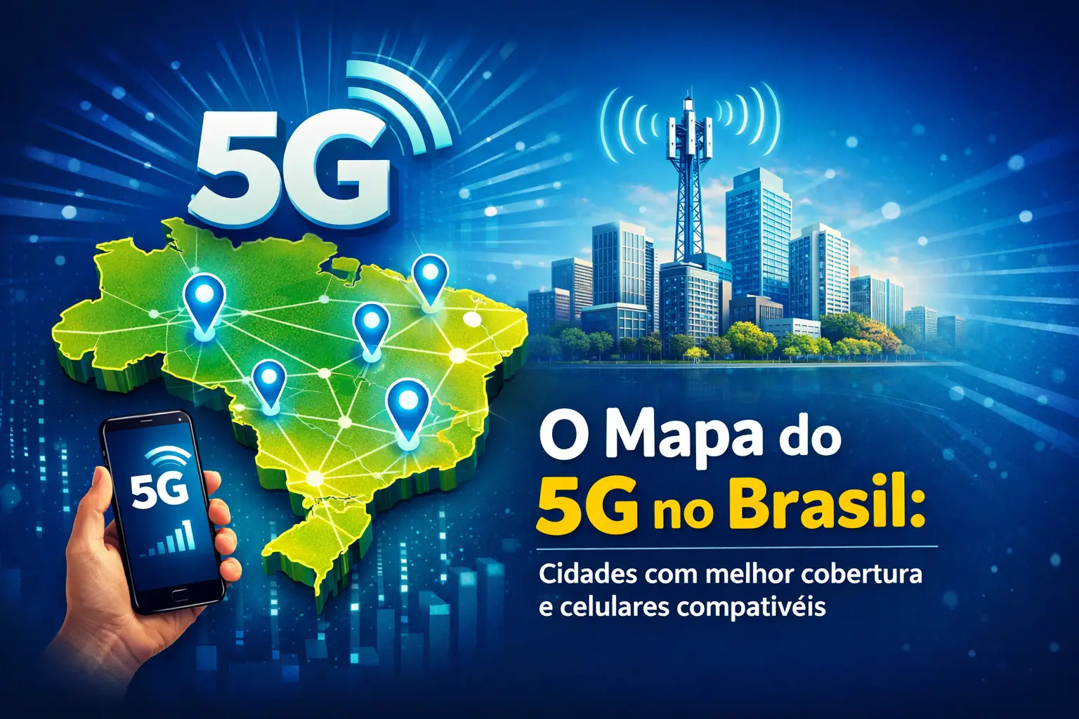 Mapa do 5G no Brasil com smartphone e icone de 5G