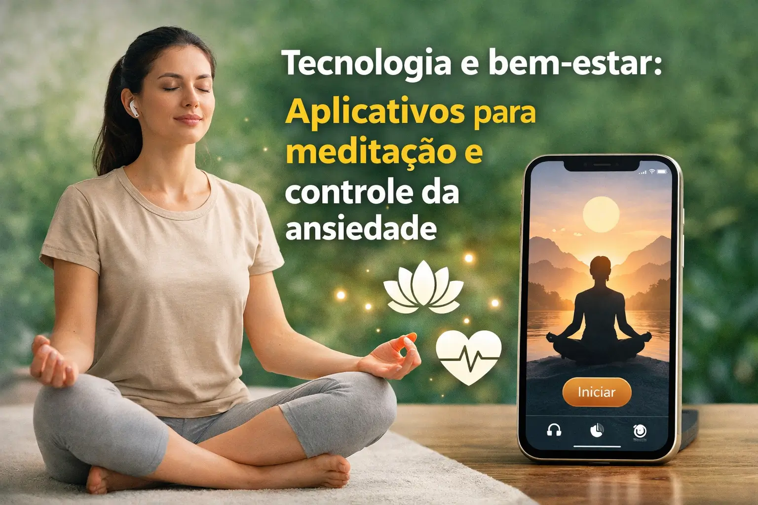 Mulher meditando com app de bem-estar, smartphone ao lado