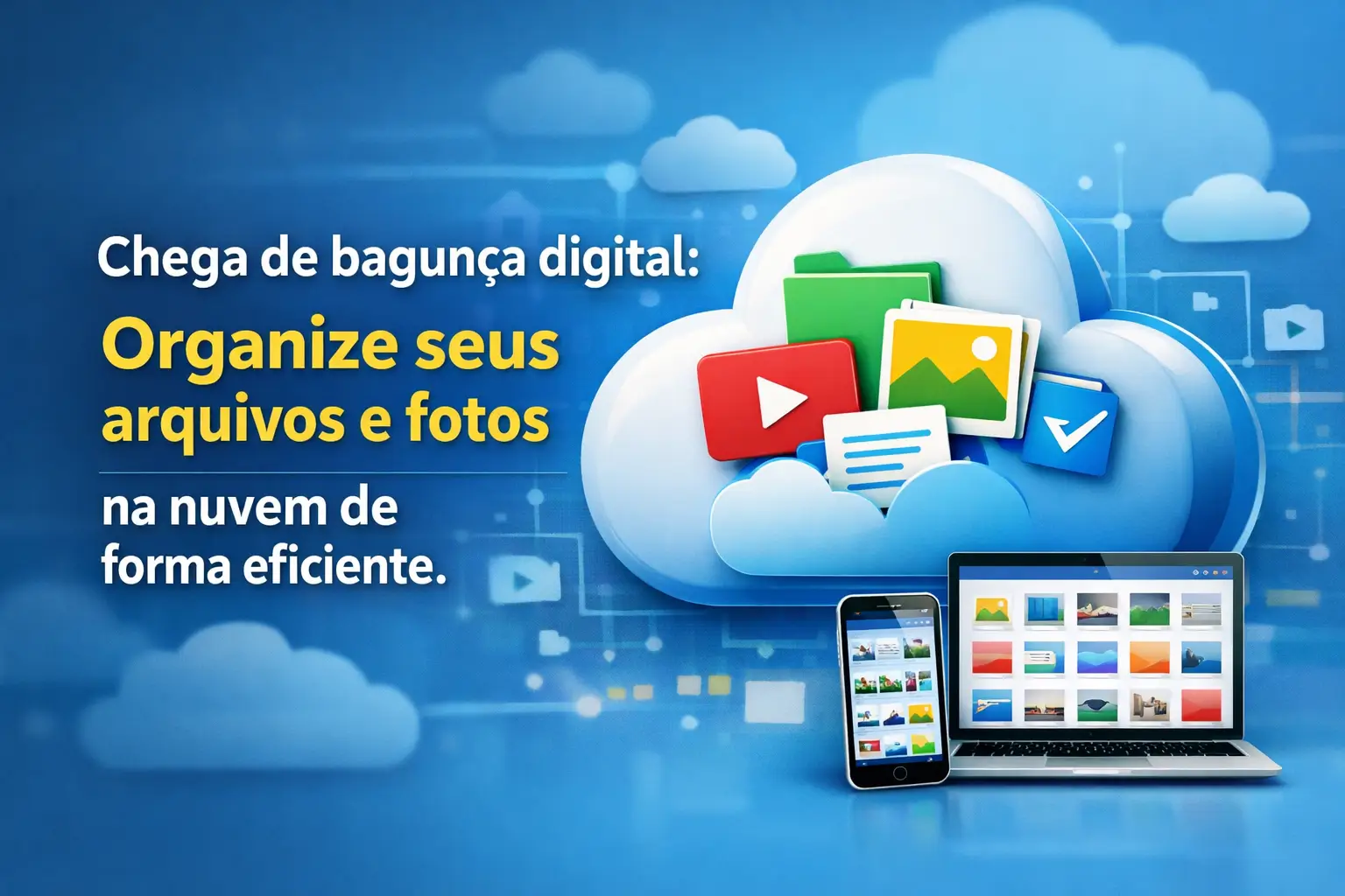 Organização de arquivos na nuvem com ícones e dispositivos