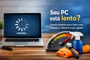 Laptop com tela de carregamento e kit de limpeza ao lado