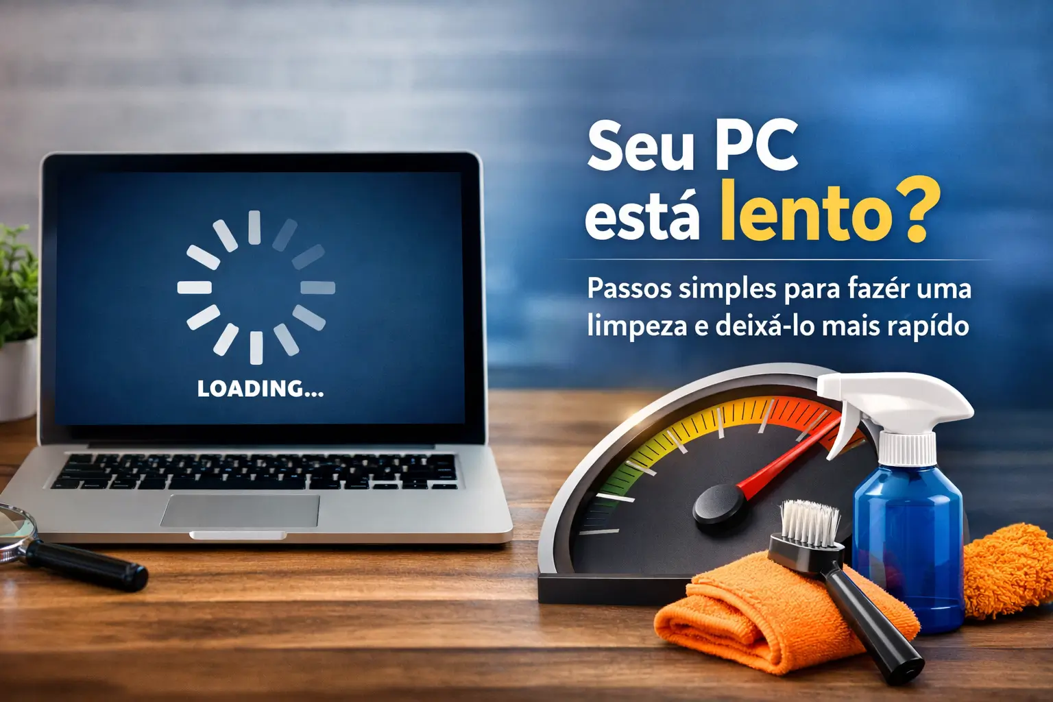 Laptop com tela de carregamento e kit de limpeza ao lado