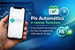 Mão segurando smartphone com logo Pix, fundo azul, elementos financeiros