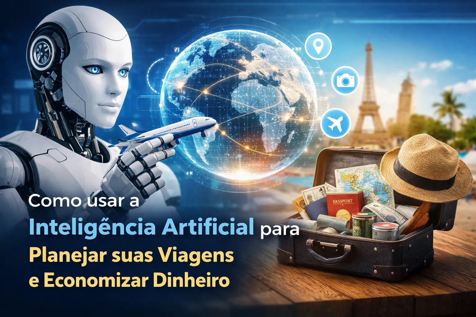 Robô futurista com avião miniatura e globo, destacando viagem