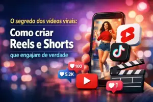 Smartphone com vídeo de dança, ícones de redes sociais, texto viral