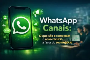 Smartphone com logotipo do WhatsApp e ícones de comunicação